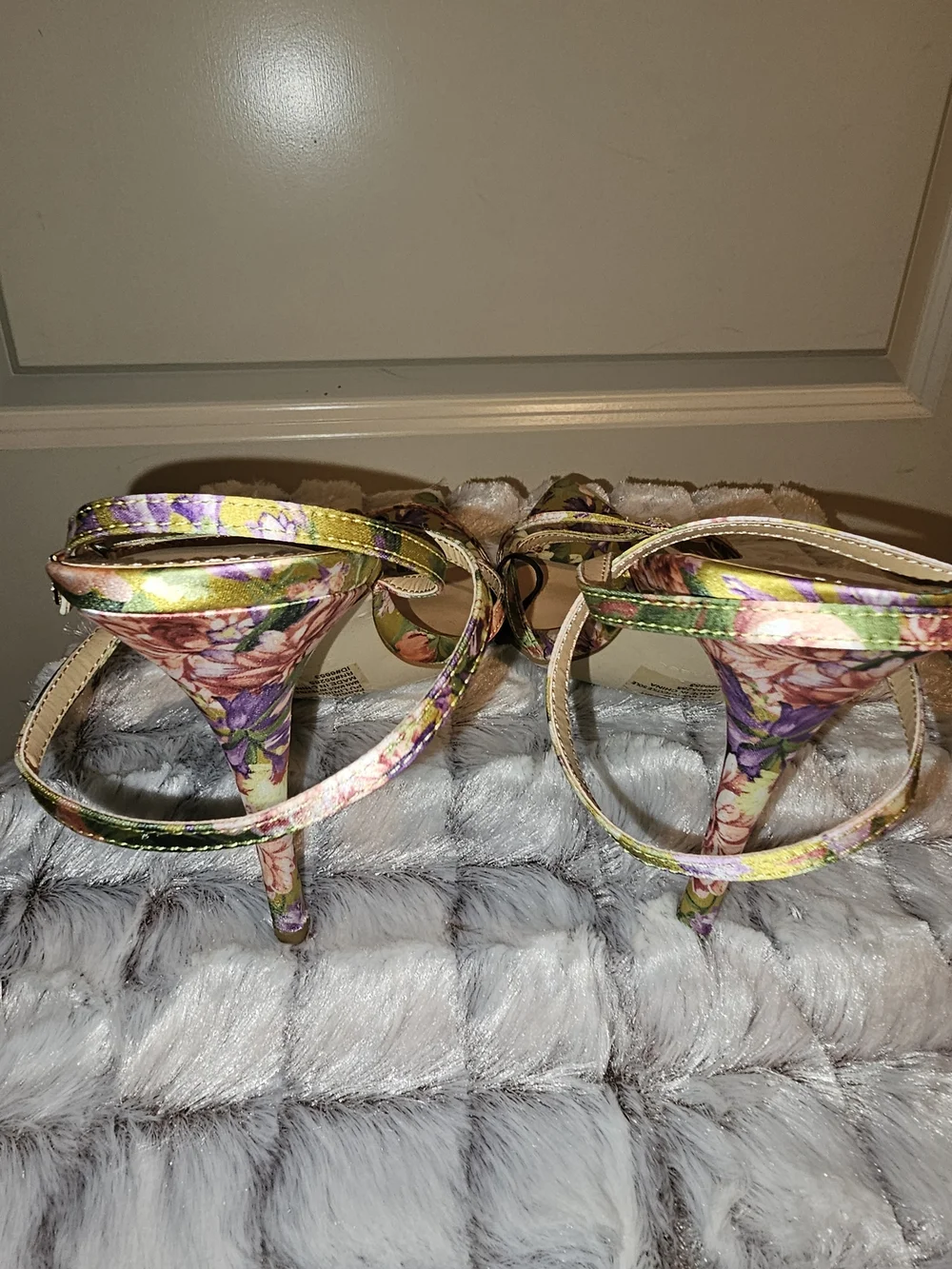 Express Floral Pointed Toe Strappy Heels in Yellow and Purple - Picture 2 of 4